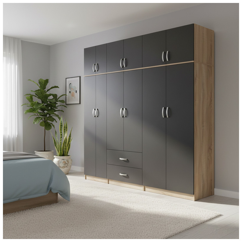 Ντουλάπα εξάφυλλη με πατάρι Athos I  sonoma-ανθρακί 240x42x240εκ