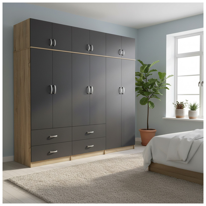 Ντουλάπα εξάφυλλη με πατάρι Athos  sonoma-ανθρακί 240x42x240εκ