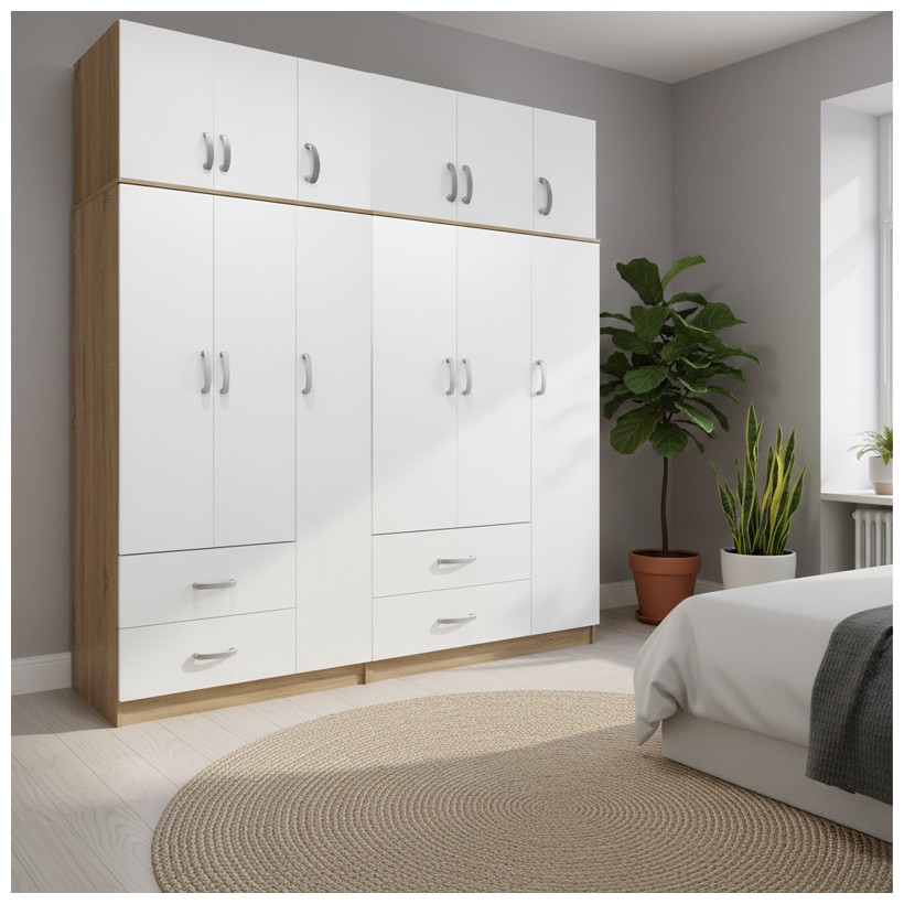 Ντουλάπα εξάφυλλη με πατάρι Athos  sonoma-λευκή 180x42x240εκ