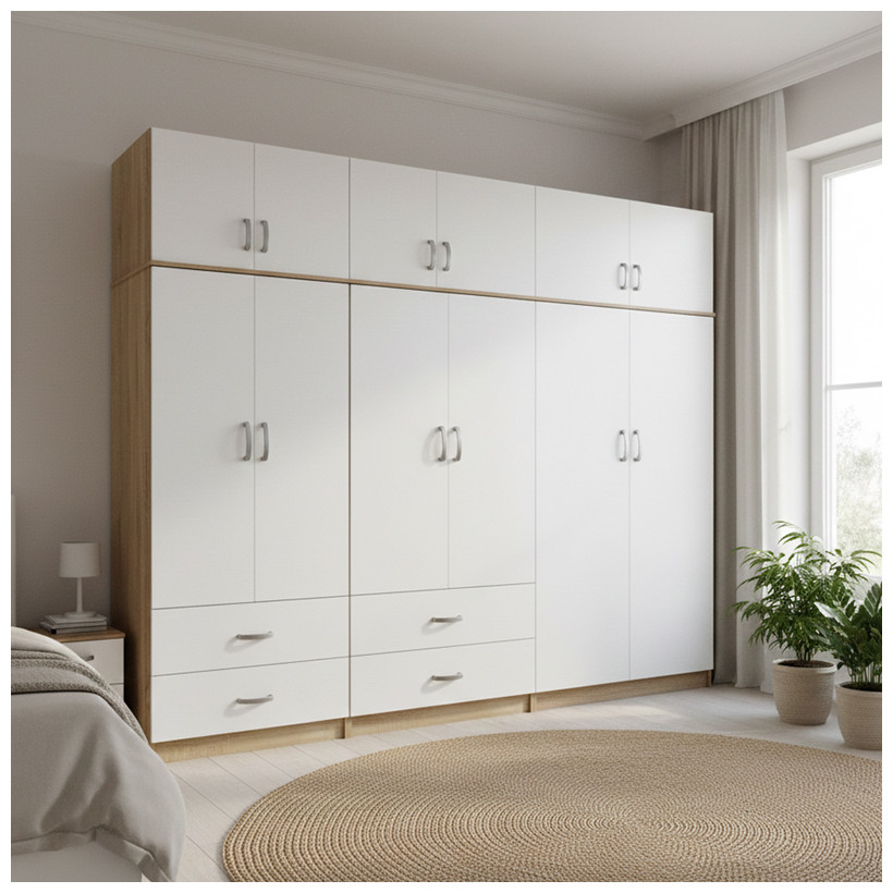 Ντουλάπα εξάφυλλη με πατάρι Athos  sonoma-λευκή 240x42x240εκ