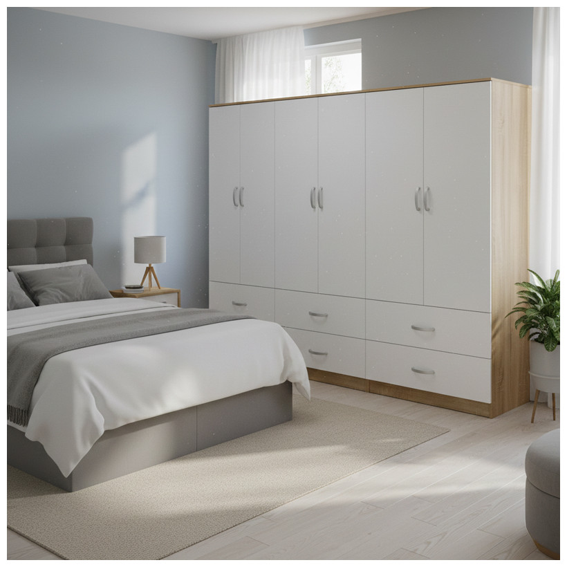 Ντουλάπα εξάφυλλη με συρτάρια Athos  sonoma-λευκό  240x42x180εκ