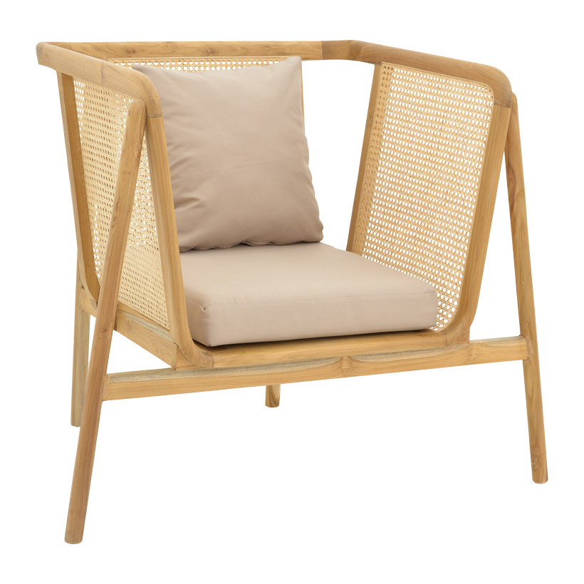 Πολυθρόνα Jenta  teak ξύλο με rattan σε φυσική απόχρωση και μπεζ μαξιλάρι 72x67x92εκ