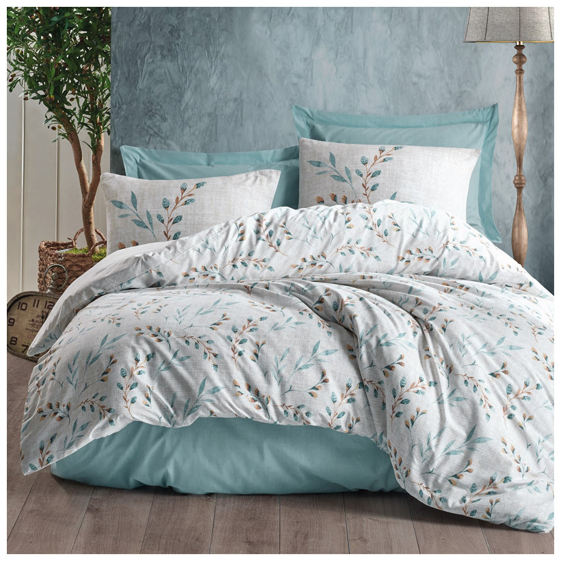 Σετ παπλωματοθήκη Lendell Cotton Box 3 τμχ Μονή (160x220) χρώμα μέντα - λευκό