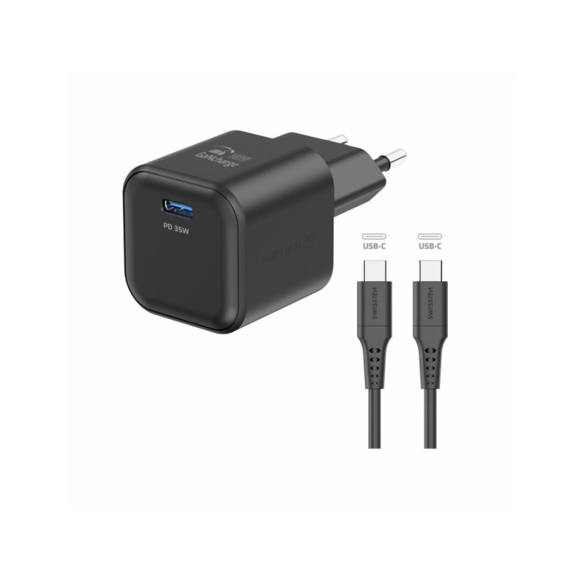 SWISSTEN Φορτιστής GaN 1x USB-C 35W με Υποστήριξη Γρήγορης Φόρτισης και Καλώδιο Δεδομένων USB-C/USB-C 1.2 μ Μαύρο 8595217484450