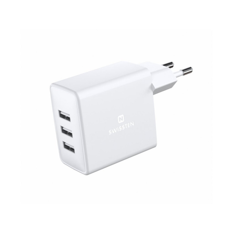 SWISSTEN Φορτιστής Ταξιδιού με 3 Θύρες USB-A, 3Α, 15W, Λευκός 8595217476615