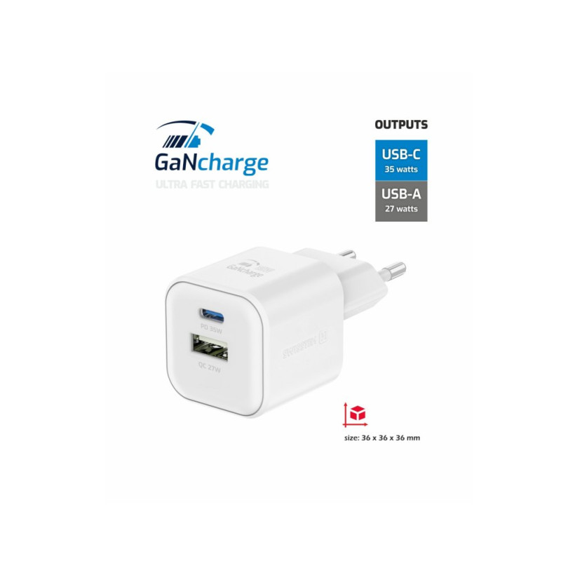 SWISSTEN Γρήγορος Φορτιστής GaN: 1x USB-C 35W PD και 1x USB-A 27W QC Μαύρο 8595217484498