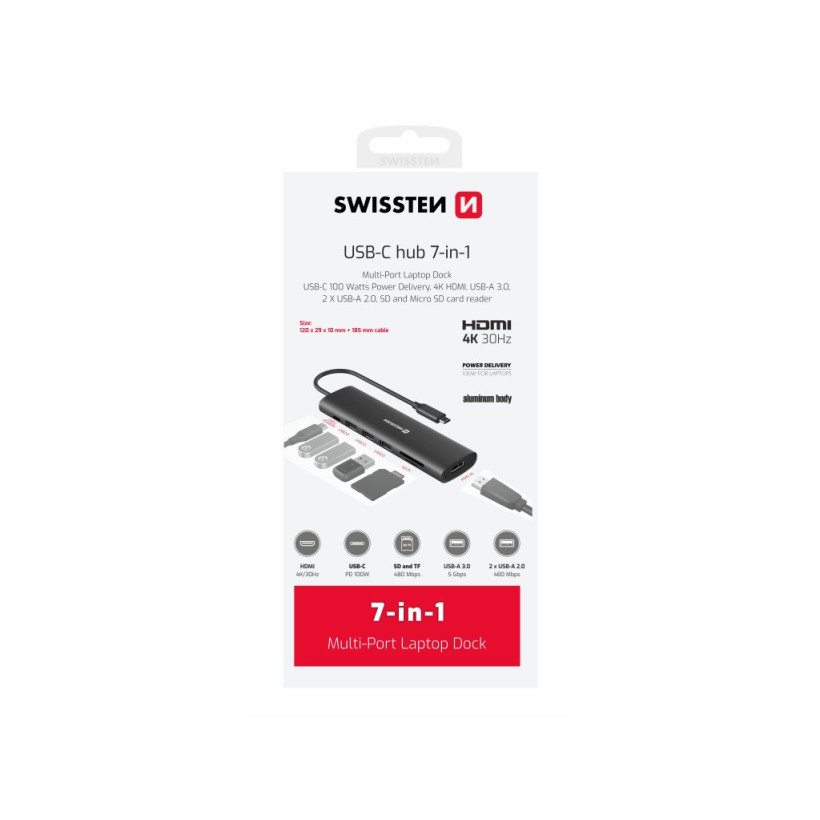 SWISSTEN Πολυαντάπτορας USB-C 7 σε 1 (USB-C 100W, HDMI 4K, 1x USB-A 3.0, 2x USB-A 2.0, SD, MICRO SD) σε Αλουμινένια Κατασκευή 8595217487376