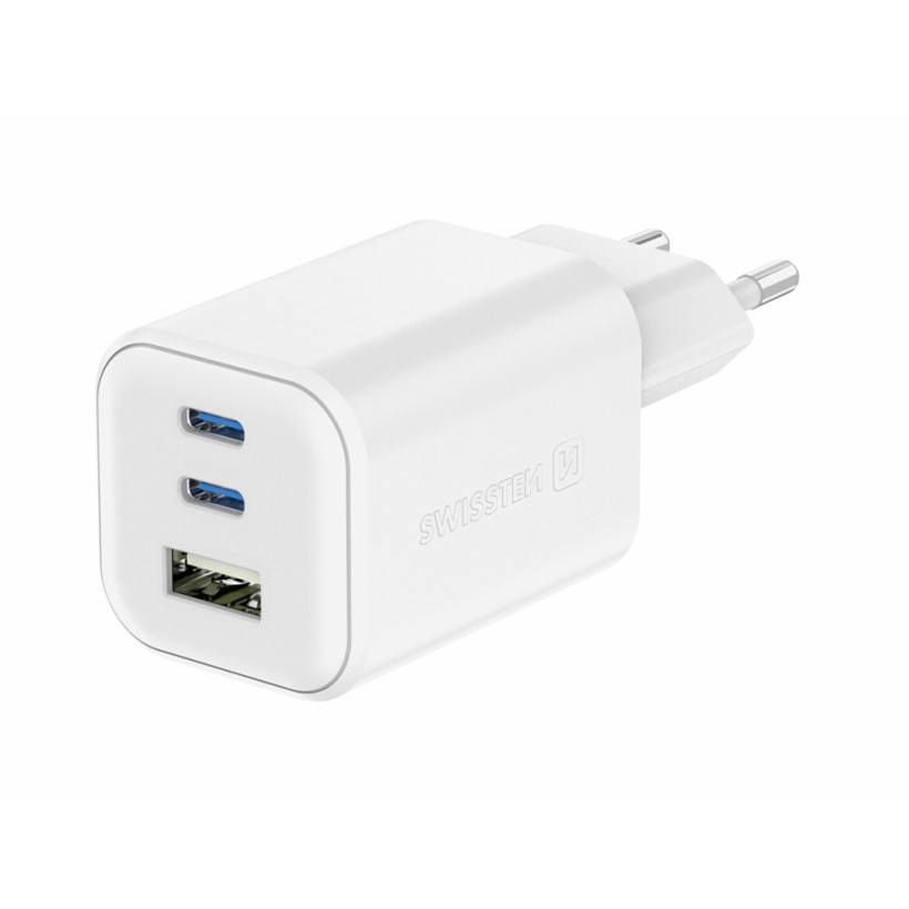 SWISSTEN Προσαρμογέας Ισχύος GaN με 2 Θύρες USB-C 65W PD και 1 Θύρα USB-A 18W QC Λευκό 8595217484528