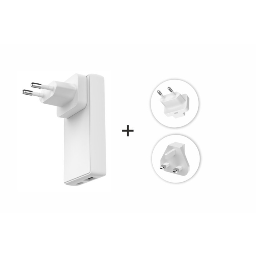 SWISSTEN Προσαρμογέας Ταξιδιού GaN USB-C + USB-A 45W, Ανταλλάξιμες Πρίζες (ΗΠΑ, ΕΕ, ΗΒ), Λευκός 8595217492257