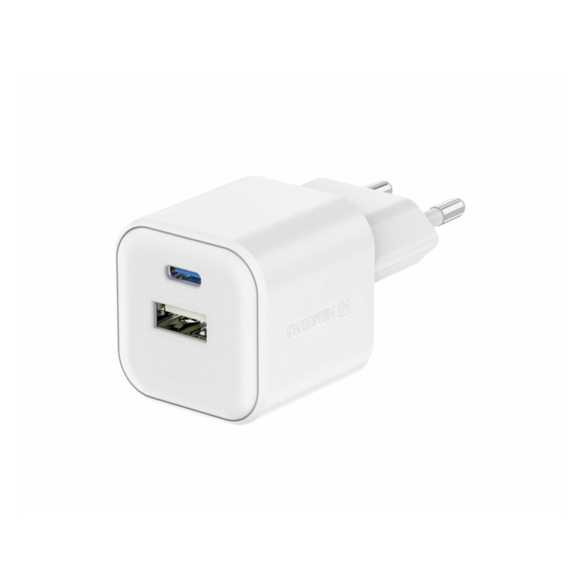 SWISSTEN Γρήγορος Φορτιστής GaN: 1x USB-C 35W PD και 1x USB-A 27W QC Λευκό 8595217484481