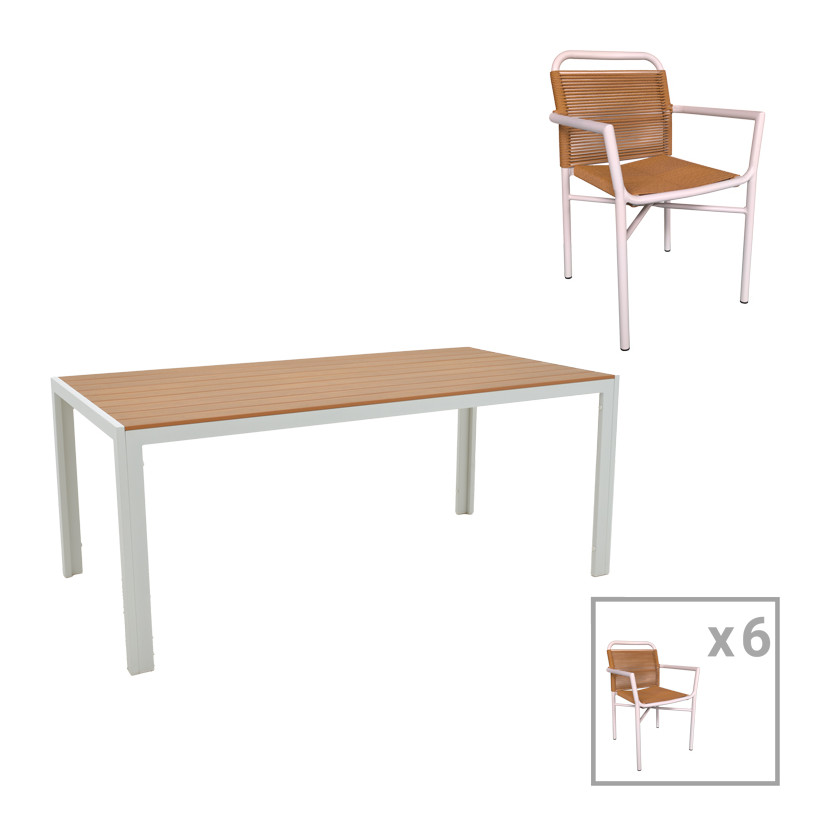 Τραπεζαρία Nares-Clutch B σετ 7τεμ  λευκό αλουμίνιο και plywood σε φυσική απόχρωση 180x90x72.5εκ