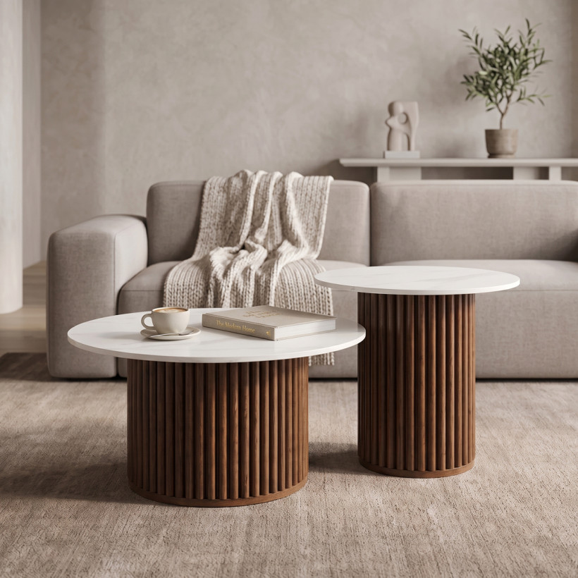 Τραπέζι σαλονιού Skerta  σετ 2τεμ λευκό sintered stone mdf με καρυδί βάση