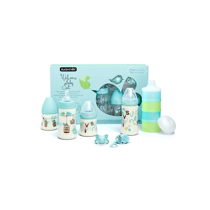 Suavinex Welcome Baby Σετ 7τμχ Πλαστικά Μπιμπερό, Θηλή Σιλικόνης, Θήκη Δόσεων Γάλακτος