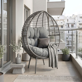 Πολυθρόνα Nestie  wicker rattan γκρι-μεταλλικό γκρι πόδι-γκρι μαξιλάρι 102x80x155εκ