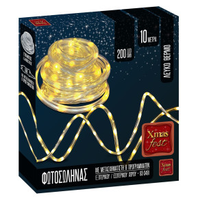 Φωτοσωλήνας 200 LED 10m Λευκός Θερμός με Προγράμματα IP44 ø11mm 10m (+3m Extra Καλώδιο) Xmasfest 1133511 93-3491