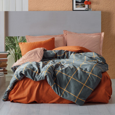 Σετ παπλωματοθήκη Stark Cotton Box 4 τμχ Διπλή (200x220) χρώμα cinnamon - μπλε