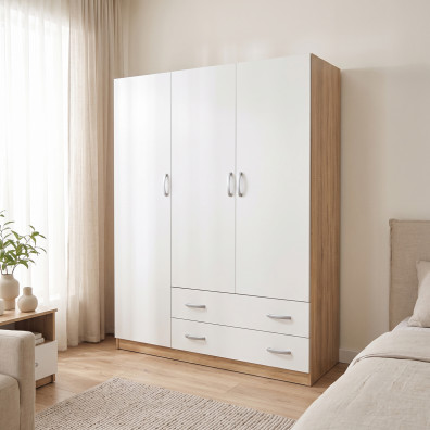 Ντουλάπα τρίφυλλη με 2 συρτάρια Alvia  λευκό με sonoma 150x51x180εκ