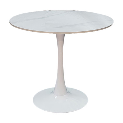 Tραπέζι Balou  sintered stone σε λευκή απόχρωση με όψη μαρμάρου-βάση λευκό μέταλλο Φ120x73εκ