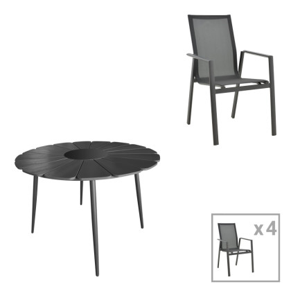 Τραπεζαρία Pinap-Dashiell σετ 5τεμ  μαύρο αλουμίνιο και plywood σε μαύρη απόχρωση Φ110x74εκ