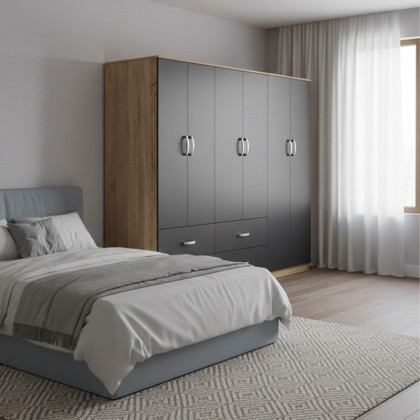 Ντουλάπα εξάφυλλη Athos  sonoma-ανθρακί 240x42x180εκ
